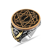 Black Enameled Barbarossa Silver Ring with The Seal of Solomon & Zulfiqar Sword Motifs